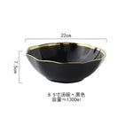 White Black Gold Rim Ceramic Dinner Plate Porcelian Snack Dishes Luxury Beef Dessert Tray Rice Soup Bowl Spoon Tableware Set