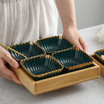 Green gold rim Ceramic Dish Fruits Platter Creative Porcelain Snack Dessert Plate Natural Bamboo Serving Tray holder Tableware