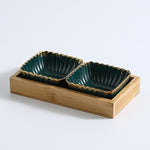 Green gold rim Ceramic Dish Fruits Platter Creative Porcelain Snack Dessert Plate Natural Bamboo Serving Tray holder Tableware