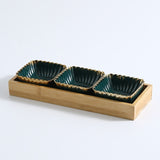 Green gold rim Ceramic Dish Fruits Platter Creative Porcelain Snack Dessert Plate Natural Bamboo Serving Tray holder Tableware