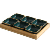 Green gold rim Ceramic Dish Fruits Platter Creative Porcelain Snack Dessert Plate Natural Bamboo Serving Tray holder Tableware