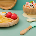 Baby Dinner Plate Baby Feeding Bowl Wooden Kids Feeding Dinnerware With Silicone Suction Cup Wooden Fork Spoon Children's Dishes