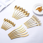 24PCS Gold Tableware Cutlery Dinner Set Cutlery Sets Dishes Knives Forks Spoons Western Kitchen Dinnerware 18/10 Stainless Steel